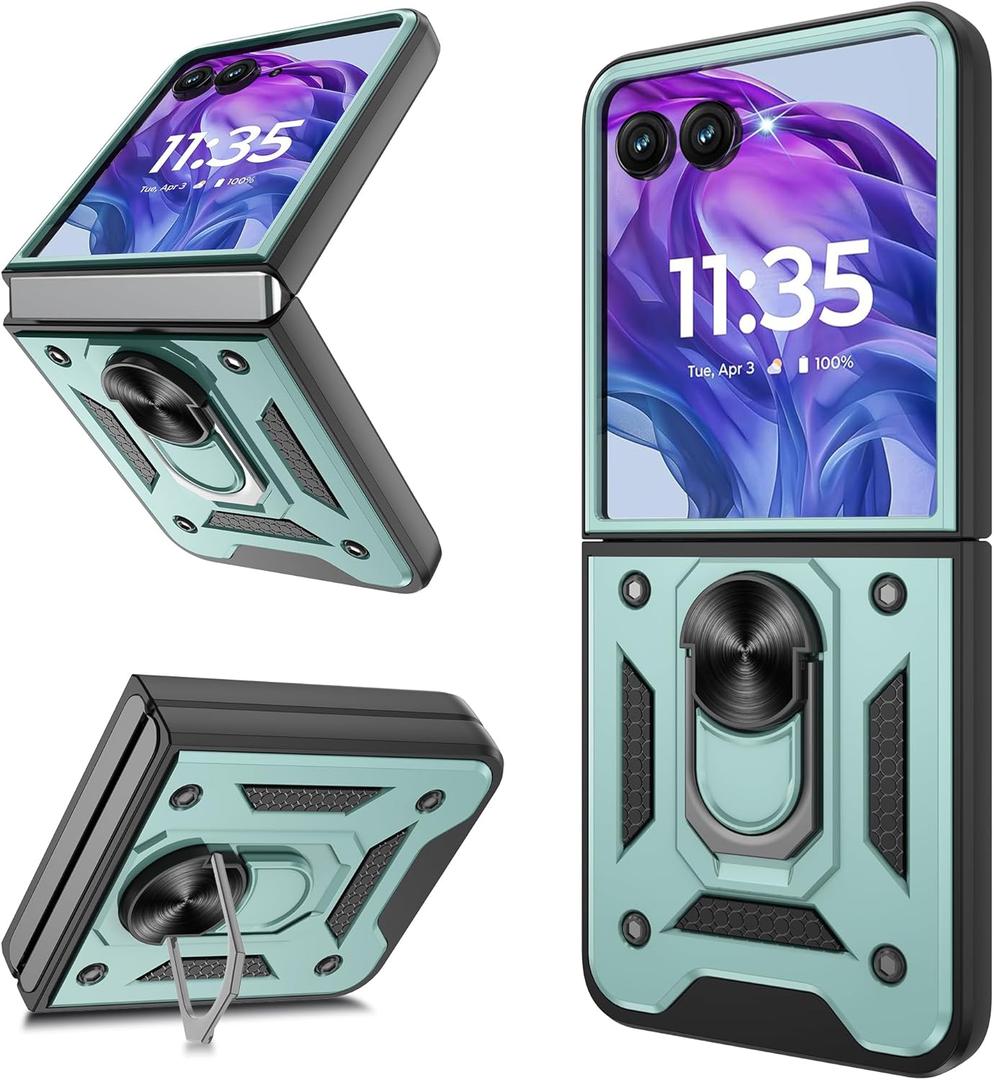 for Motorola Razr+ Plus 2024 Case/Razr+ Plus 2025 Case, Heavy Duty Shockproof with 360 Rotation Metal Kickstand [Military Grade] Protective Case for Moto Razr + 2024/2025, Dark Green