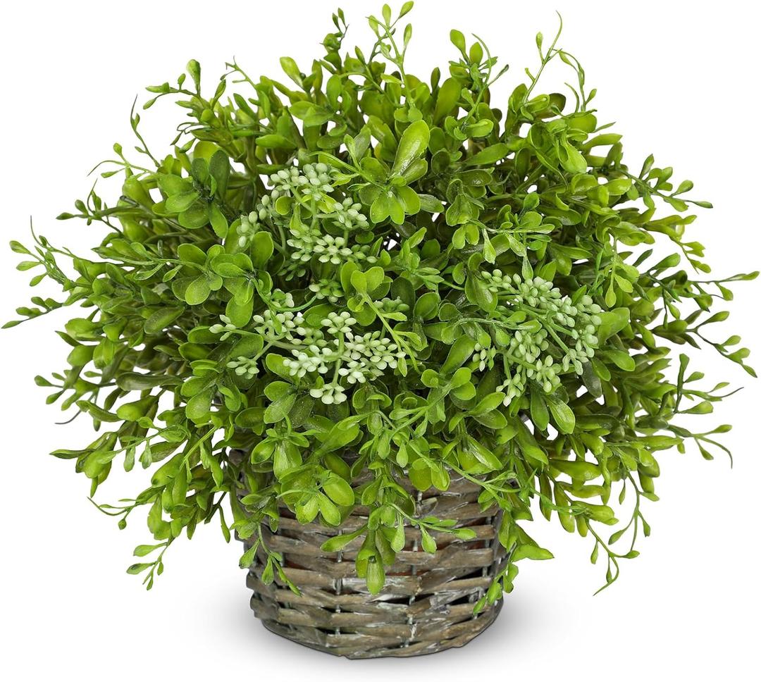 Hollyone Artificial Boxwood Plant in Woven Pot 9 Fake Potted Plants Topiary Boxwood Greenery Arrangement Centerpiece Faux Plants for Home Indoor Outdoor Farmhouse Office Desk Centerpiece Shelf Decor