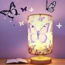 Butterfly Lamp, Kids Lamps for Bedrooms Girls, 3 Color Changing LED Night Light with 9 Brightness Levels Wood Nightstand Desk Base Flaxen Fabric Shade for Bedroom Living Room (Purple Butterfly)