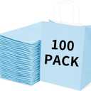 BAG BOX 100 Pack Medium 8.25x4.3x10.6 Inch Blue Kraft Paper Gift Bags with Handles for Bulk Shopping, Retail, Craft, Party Favors, Wedding, Grocery & Sacks
