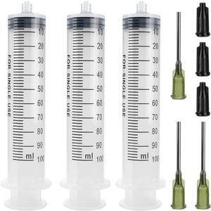 3 Pack 100ml Syringes with 14G 1.0'' Blunt Tip Needles and Storage Caps(Luer Lock), Plastic Reusable Syringe for Glue Applicator, Oil Dispensing Multiple Uses