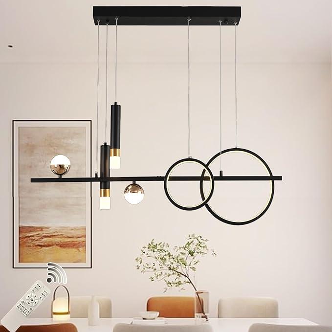 Siittoo Modern Chandeliers for Dining Room, Dimmable Led Linear Pendant Light with Remote Control, Black Gold Pendant Lighting Hanging Light Fixtures for Kitchen Island, Dining Room, Living Room (48W)