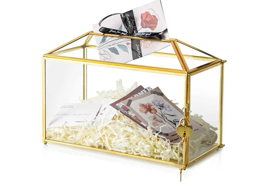 12.6" x 6" x 9" Wedding Card Box with Slot and Lock, Glass Card Holder for Party Reception, Centerpiece, Home Decorative, Gold (Glass Box Only) Slot Length 7.3 Inche