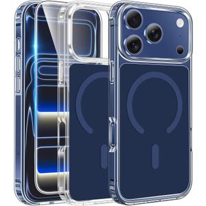 FNTCASE for iPhone 17 Pro Case: Clear Magnetic Phone Cases with Screen Protector Compatible with Magsafe Slim Anti Yellowing Rugged Shockproof Protective Transparent Cell Phone Cover (Blue)