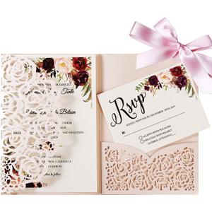 5.1x7.1 Inch 50PCS Blush Pink Blank Wedding Invitation Kits Laser Cut Hollow Rose Pocket Invitations with Envelopes For Wedding Quincenera Engagement Invite