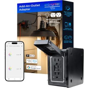 Enbrighten Vibe Add-an-Outlet Light Adapter, Smart Outdoor Outlet with Two GFCI Outlets for Porch Lights, Security Cameras, Direct Wire, Compatible with Alexa, Google Assistant, Black, 80753