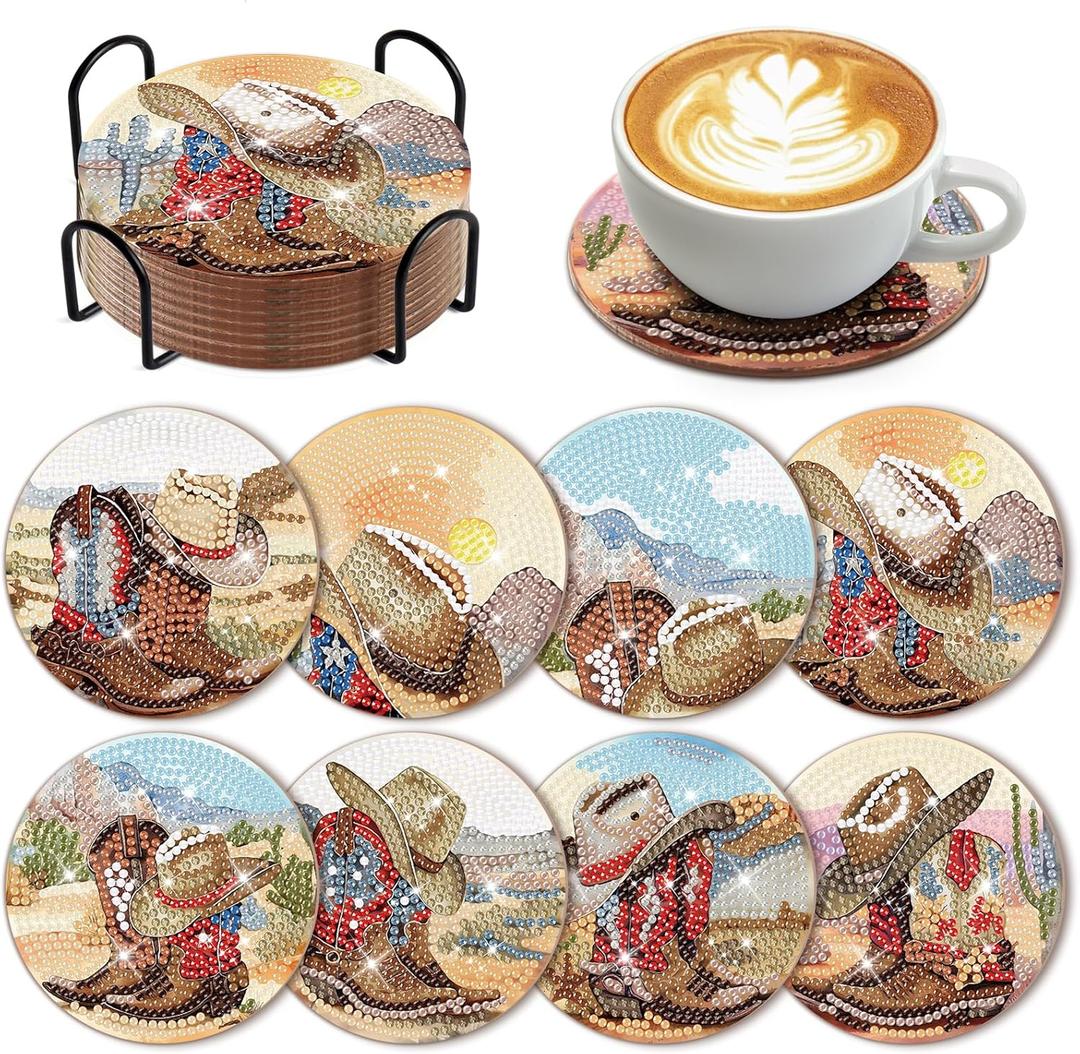 8 Pcs Cowboy Diamond Art Coasters Kit with Holder Western Cowboy Hat Boot Diamond Art Coasters for Adults Diamond Art Kit Supplies for Present