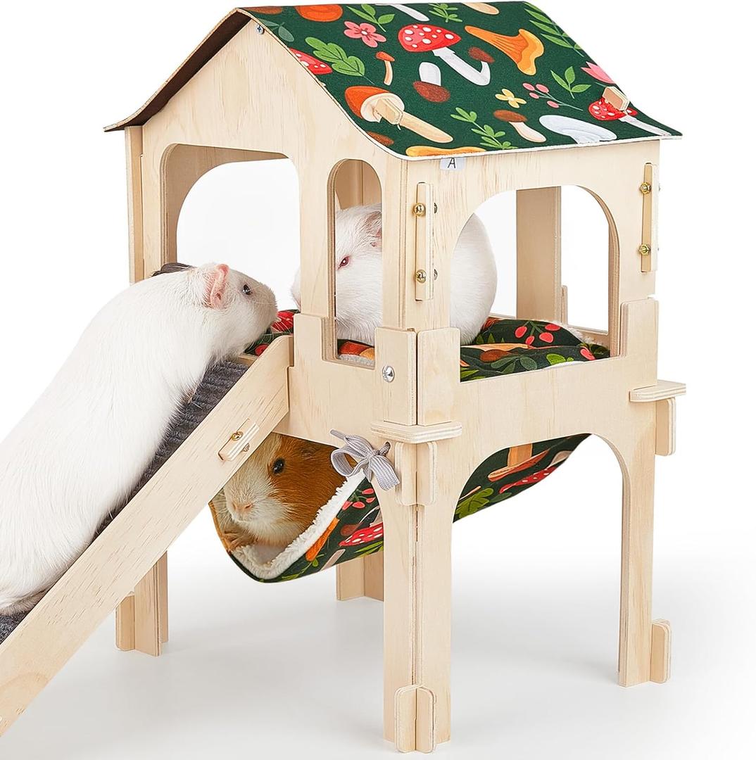 Bienbee Guinea Pig Hideout, Large Wooden Guinea Pig Castle with Stair, Hammock and Mat, Detachable Double-Decker Guinea Pigs House for Bunny Hamster Chinchilla Ferret Rabbit Guinea Pigs Accessories