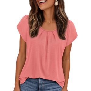 PRETTYGARDEN Womens Tops Dressy Casual Summer 2026 Short Sleeve Blouses Crew Neck Pleated Basic T Shirts Spring Clothes M