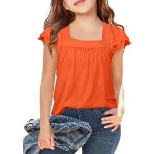 Arshiner Girls Shirts Short Sleeve Square Neck Summer Lace Openwork Pleated Tops Blouse Tunic (Orange) 130