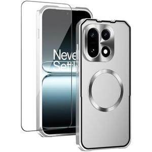 QUIETIP Magnetic Case for OnePlus 15 with Screen Protector,[Compatible with MagSafe] Metal Frame + Translucent Matte Drop Protection Cover,Silver