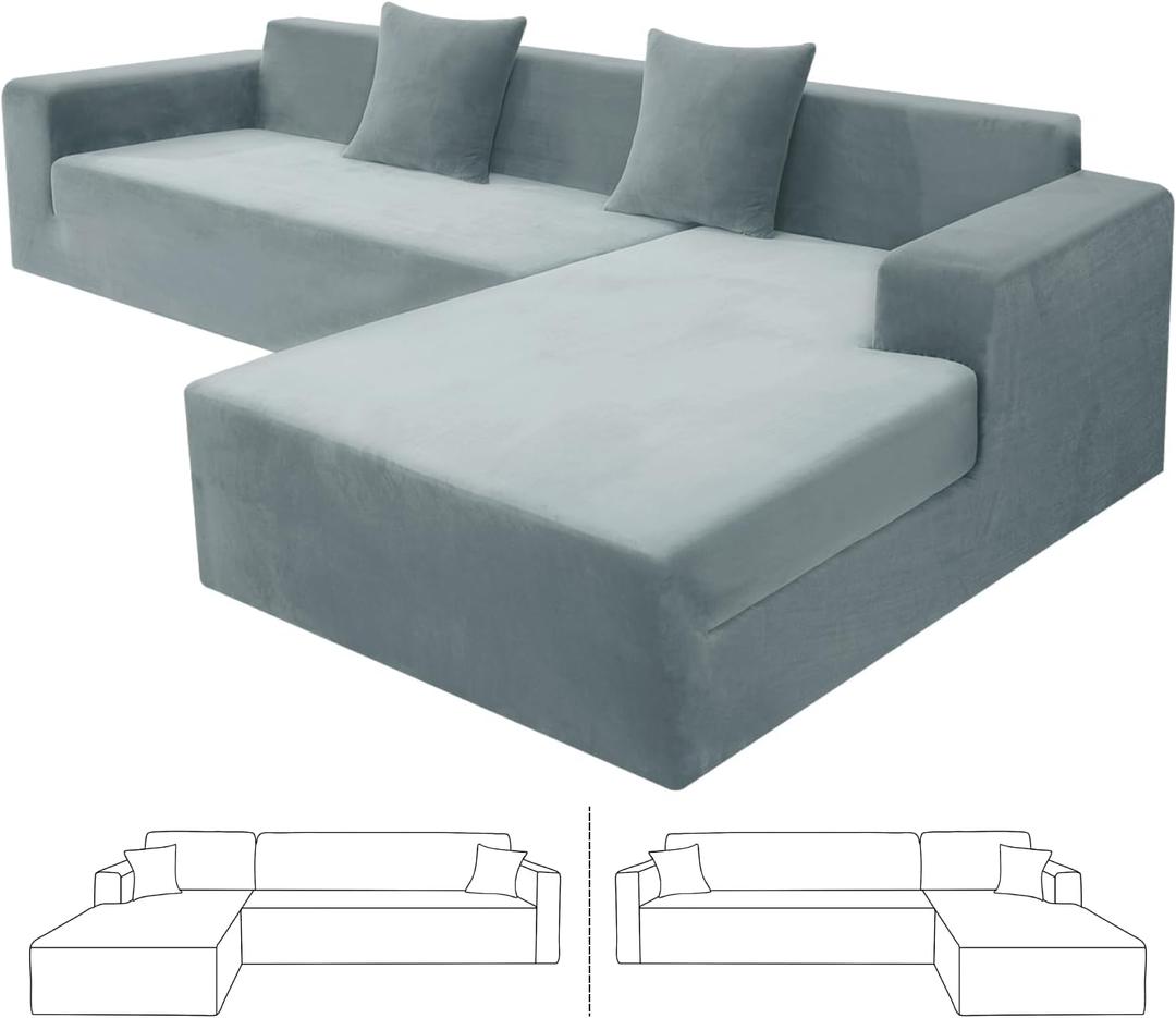 ZNSAYOTX 2026 Soft Velvet Sectional Couch Covers, Luxury Plush Slipcovers with Elastic Bottom for L Shape Sectional Sofa, 2 Pcs Pet Friendly Protector (3 Seat Couch + 2 Seat Chaise, Light Grey)