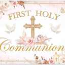 72x43inch Pink First Holy Communion Backdrop Cross Eucharist Flower Photography Background Newborn Christening Party Baby Shower Decorations Photo Banner Props