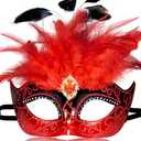 MYSEUNI 2025 Red Masquerade Mask for Women - Venetian Mask Women with Feathers for Masquerade Party, Christmas