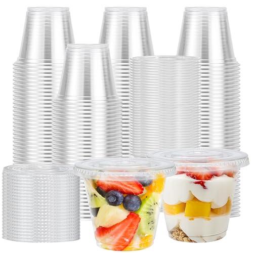 Lamosi 300 Pack 9 oz Clear Plastic Cups with Lids, Disposable Cups with No Hole Flat Lids, Ideal for Ice Cream, Cold Drinks, Fruit, Dessert, Yogurt Parfait