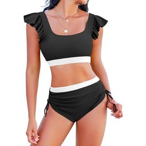 Jolefille High Waisted Bikini Sets for Women Tummy Control Swimsuit 2 Piece Color Block Ruffle Bathing Suits Teens,S