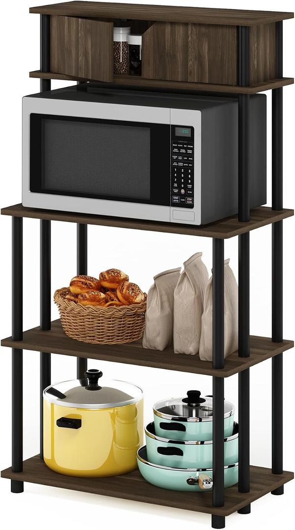 Furinno Turn-N-Tube Kitchen Storage Shelf with Top Cabinet for Kitchen, Dining Room and Home Office, Columbia Walnut/Black, 3-Tier with Top Cabinet