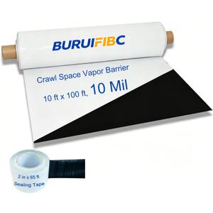 10 Mil Crawl Space Vapor Barrier 10 ft x 100 ft (1000 sq.ft) with 2 in x 65 ft Sealing Tape, Black & White Plastic Sheeting for Crawlspace Encapsulation, Heavy Duty Moisture Barrier for Ground Cover