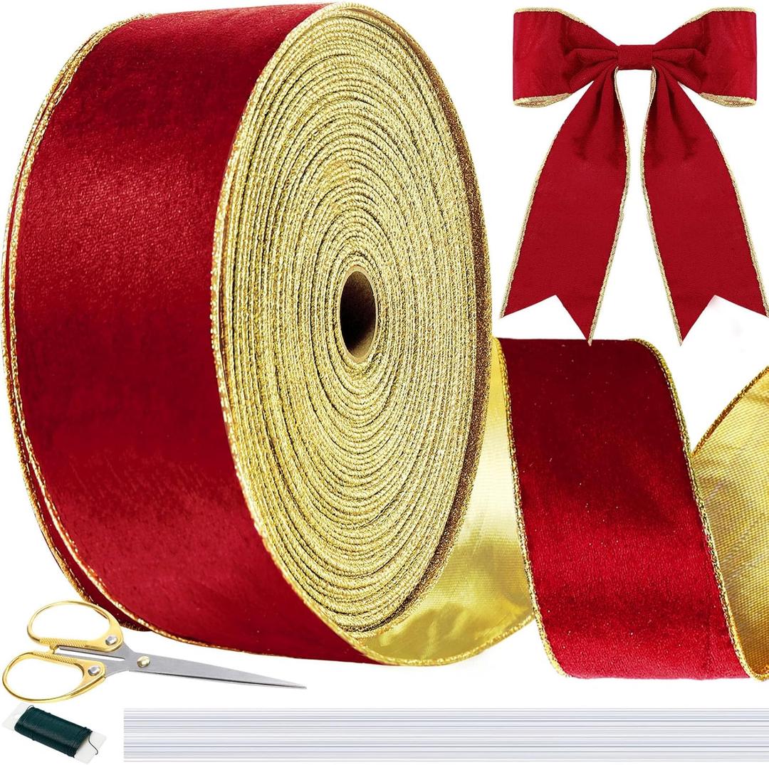 2.5 Inch x 30 Yards Christmas Velvet Gold Edge Wired Ribbon for Crafts Wreaths Supplies Embellishment Big Bow Wrapping Bouquet Cake Wedding Decor(Red)