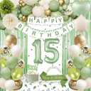 15th Birthday Decorations for Girls, Sage Green 15th Bday Decorations Happy Birthday Banner Green Gold Balloons Crown Sash Fringe Curtain Tablecloth Cake Topper for Girls Decor