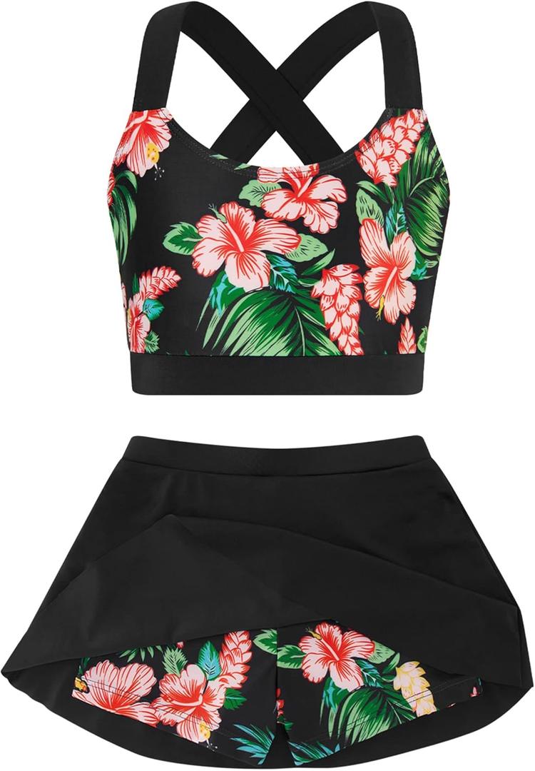 Cutemile 5-16 Years Girls Two Piece Tankini Swimsuit with Boyshort Bathing Suit Quick Dry Beach Swimwear (Black)