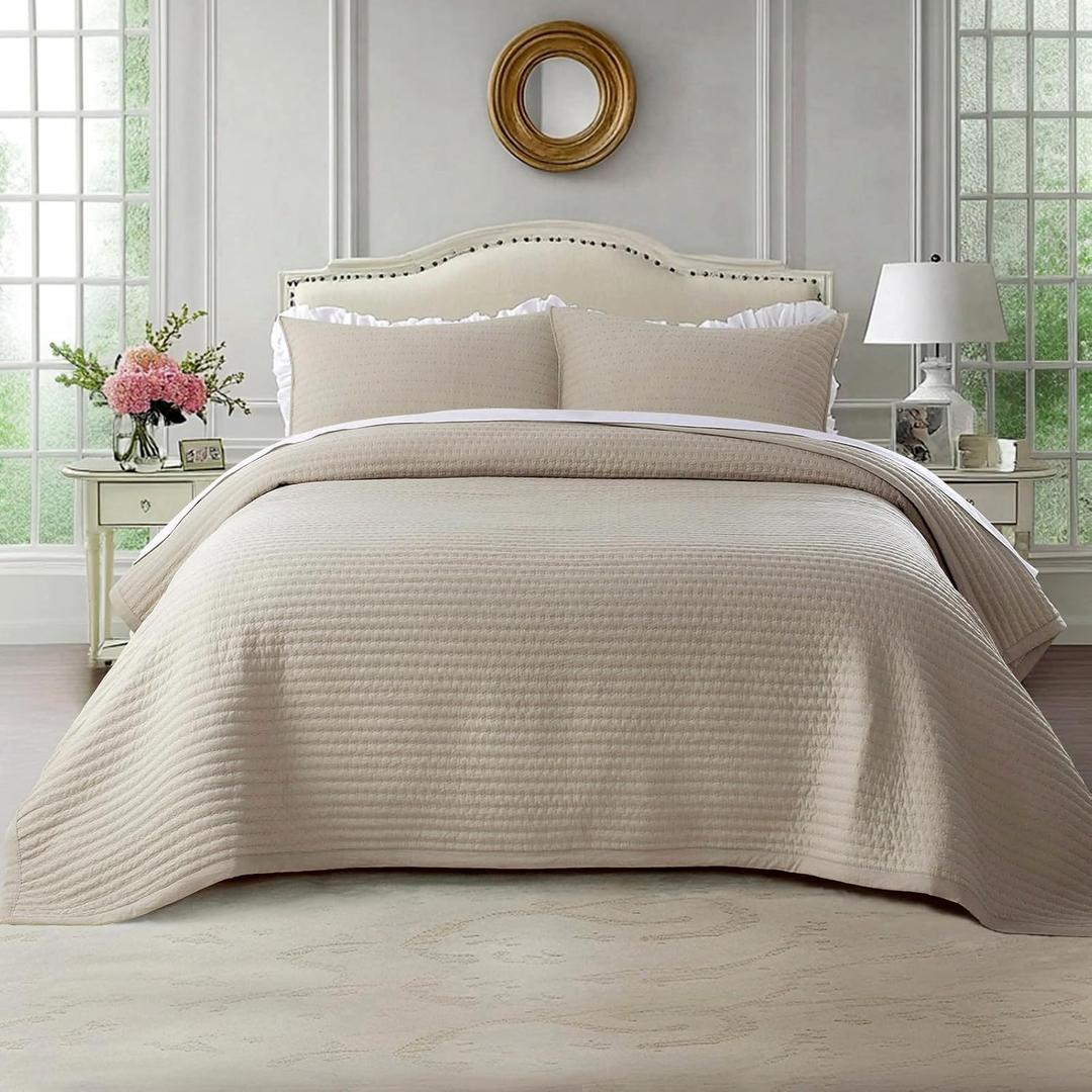Oversized King Quilt Set 112"x106"  Soft Washed 3-Layer Lightweight California King Bedspread, Minimalist Nordic Design, All-Season Spring & Summer Quilt Set (1 Quilt + 2 Pillow Shams),Light Taupe