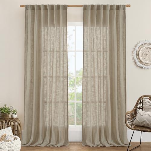 LAMIT 95 Inches Long Linen Curtains for Living Room, Back Tab and Rod Pocket Semi Sheer Curtains Light Filtering Farmhouse Drapes for Bedroom/Dining Room, Taupe, Set of 2, 52 x 95 Inch