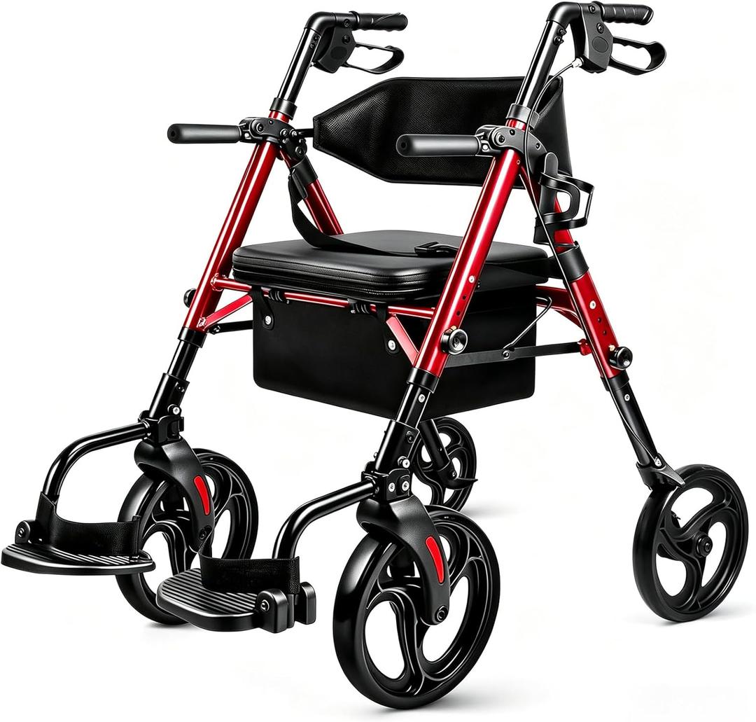 Foldable 2-in-1 Rollator Walker and Wheelchair Combo for Seniors with Seat, Heavy Duty Transport Chair 300 lbs Capacity, Lightweight, Anti-Tip Brakes, Adjustable Height 33.5"-40" (Red)