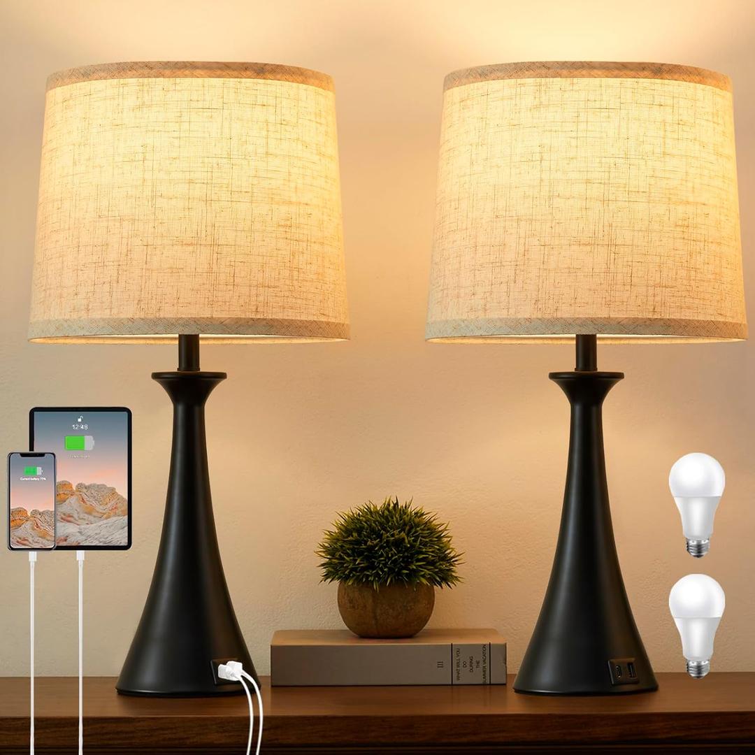 Touch Lamp for Living Room Bedroom, 21" Table Lamps Set of 2 with USB C+A Ports, Touch Bedside Lamps for Nightstand with 3 Way Dimmable, 2 LED Bulbs Included, Black