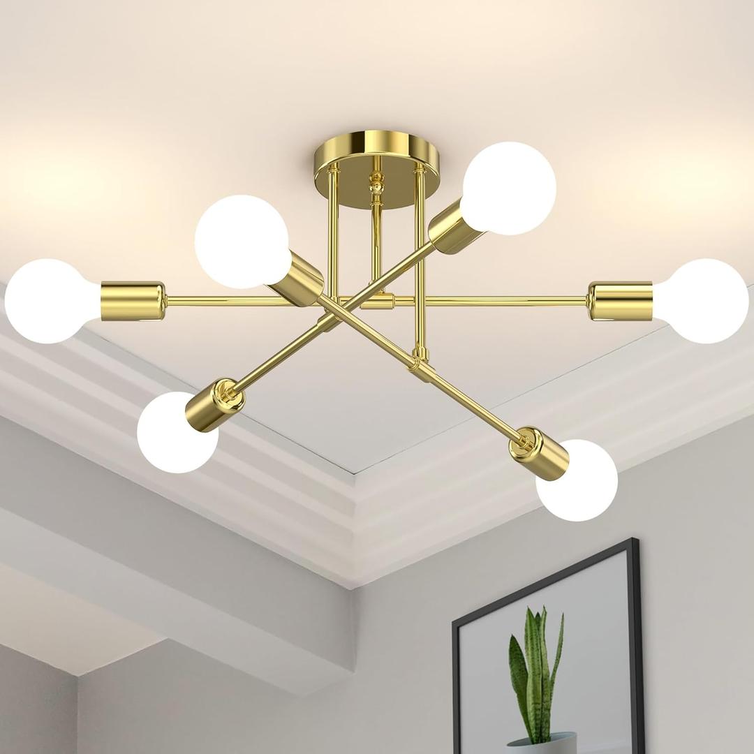 Modern Sputnik Chandelier Ceiling Light Fixtures, 6-Lights 22 Mid Century Industrial Metal Semi Flush Mount for Dining Room, Bedroom, Living Room-Gold