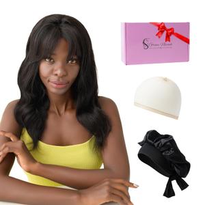 100% Human Virgin Hair Wig w/Bangs, NEW 18 inch Body Wave, 180% Density in Natural Black, 13x4 HD Lace Frontal Glueless, Incl. Travel Kit, Shower Cap, Wig Cap  Real Hair for Women
