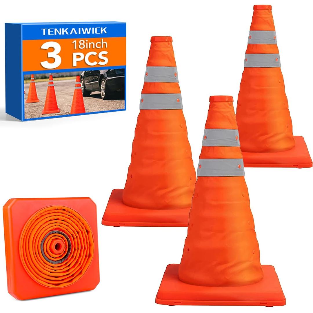 TENKAIWICK 18 Inch 3 Pack Traffic Cones, Collapsible Safety Cones, Multi Purpose Pop-up Cones with Reflective Collar, Orange Cones for Parking lot, Driveway, Driving Training etc