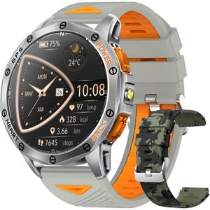 Military Smart Watches Built-in GPS, 170+ Sport Modes for Men with Flashlight, Smartwatch for Android Phones and iPhone, 1.43" AMOLED Screen Bluetooth Call Compass Altimeter (Sivler & Camo (2 Bands))