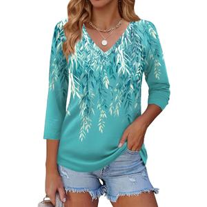 Zeagoo Womens Summer 3/ 4 Sleeve Tunic Tops Dressy Casual Work Blouses Print V Neck Shirts Work Outfits, Medium
