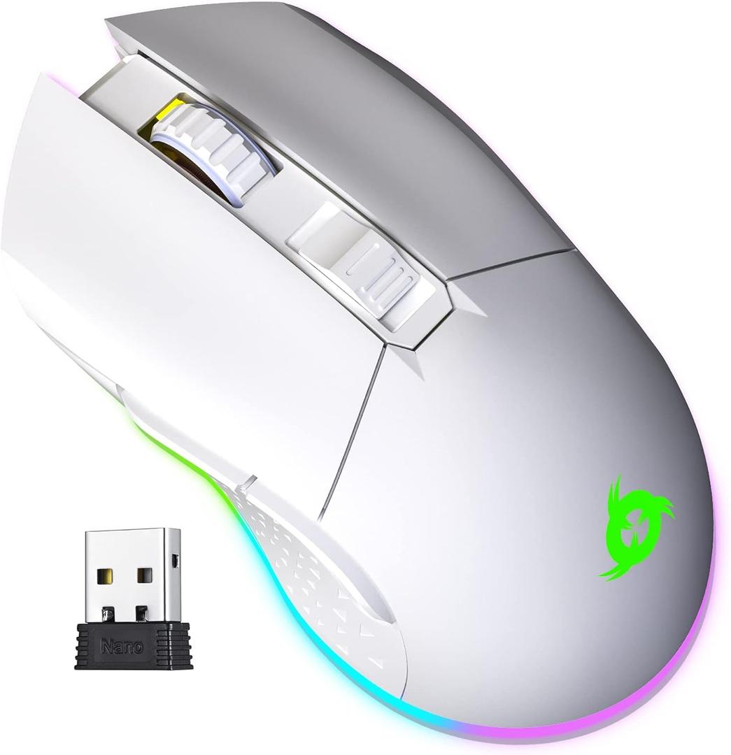 KLIM Blaze Rechargeable Wireless Gaming Mouse RGB + High-Precision Sensor & Long-Lasting Battery + 7 Customizable Buttons + Up to 10000 DPI + Wired and Wireless Mouse for PC Mac PS4 PS5 New 2024 White