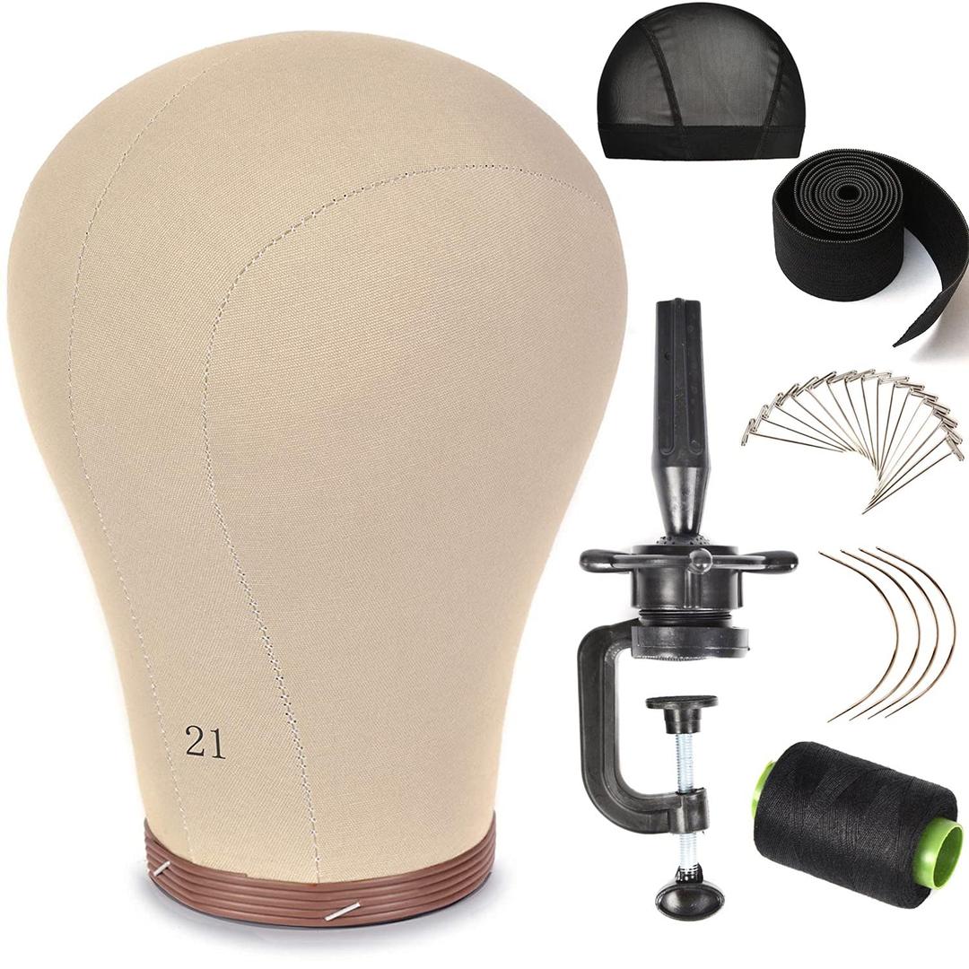 21''-24''Inch Wig Head Cork Canvas Block Head Mannequin Head With Stand for Making Wigs (21 inch, Brown)