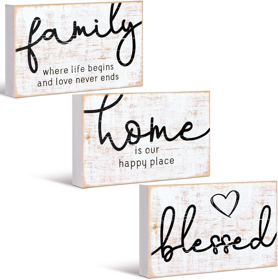 Jetec 3 Pcs Family Home Blessed Rustic Wood Sign Mini Wood Decorative Farmhouse Woodworks Table Shelves Decorations Sign for Bedroom Kitchen Living Room Table Decor (Retro Color,4.25 x 2.76 x 0.59 in)