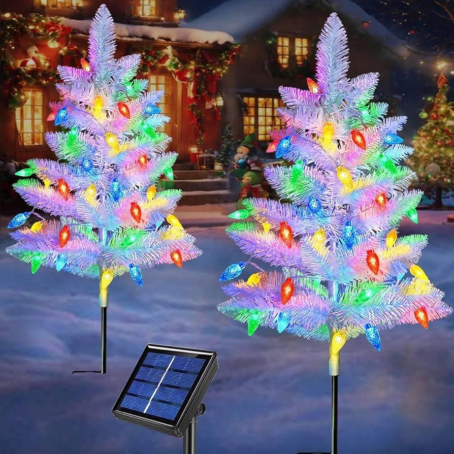 White Solar Powered Mini Christmas Trees, 40 inch Waterproof Solar Power Christmas Trees, Solar Christmas Tree Lights Holiday Decorations, Outdoor Courtyards, Gardens, Lawns, Small Path Lights (2Pcs*D)