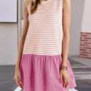Wenrine Womens Striped Sweatshirt Dress Casual Sleeveless Crewneck Constrast Patchwork Loose Tank Mini Dresses (Pink, S)