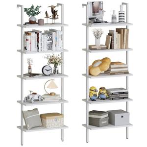 aboxoo Ladder Shelf 2 PCS White Bookshelf 5-Tier Wooden Open Shelf Wall-Mounted Wood Rack Industrial Modern Plant Flower Stand Utility Organizer Bookcase Metal Frame Furniture Office Kitchen Bedroom : Home & Kitchen
