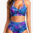Tempt Me Women Two Piece Vintage Swimsuit Retro Halter Ruched High Waist Bikini with Bottom Size L