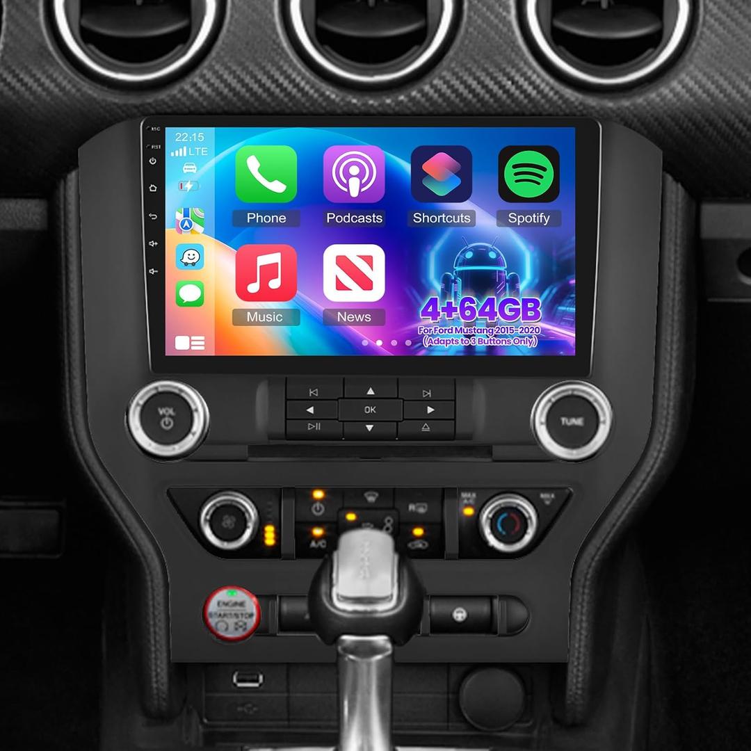 4+64G 9 inch Screen Radio for Ford Mustang 2015 2016 2017 2018 2019 2020 (Adapts to 3 Buttons) -Android Touchscreen Car Stereo with Carplay/Android Auto/Bluetooth 5.0/32 EQ Audio