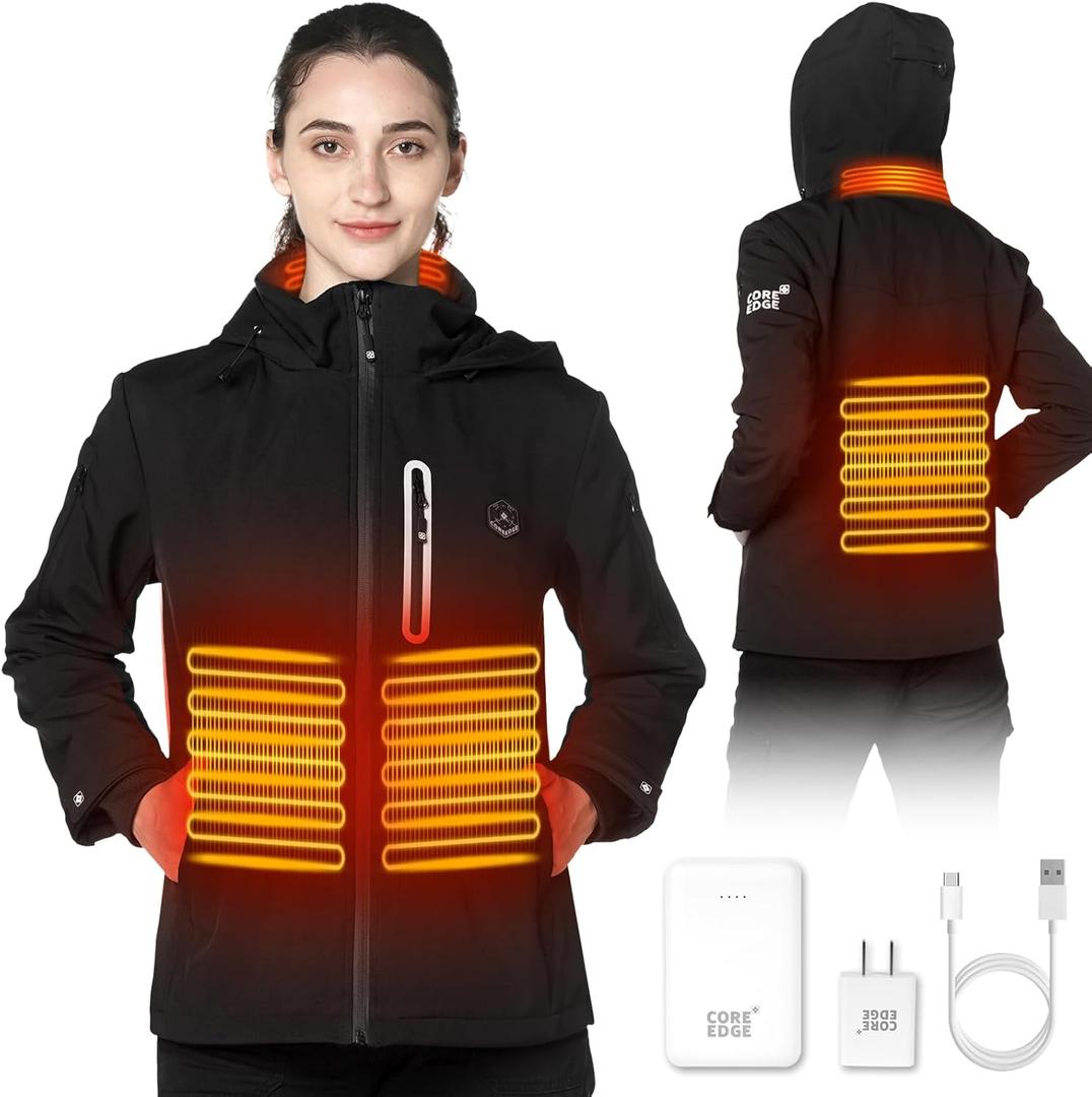 Women's Heated Jacket with Battery Pack 12V 5 in 1 Smart Control Battery Heated Jacket for Women with 6 Heated Zones (Black)