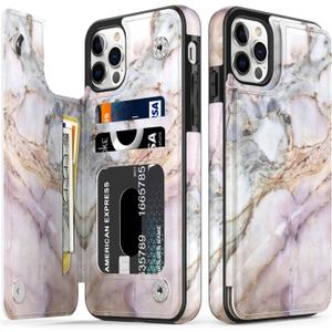 LETO for iPhone 13 Pro Max Case,Luxury Flip Folio Leather Wallet Cover with Fashion Designs for Girls Women,Card Slots Kickstand Protective Phone Shell for 13 Pro Max 6.7" Pink Purple Marble