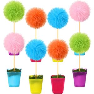 8 Pcs Pom Pom Tree Potted Fluffy Colorful Ball Tree 10 Inch Fuzzy Decor for Reading Event, Birthday Party, Classroom, Gift for Reading Enthusiasts