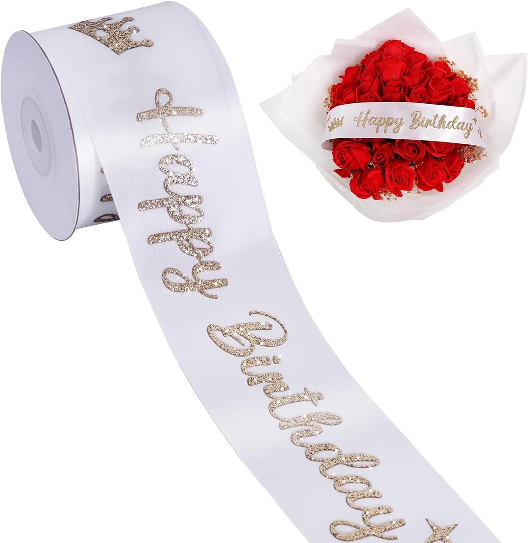 TONIFUL White Glitter Happy Birthday Satin Ribbon 2 Inch x 10 Yards Wide Printed Shiny Ribbon for Gift Wrapping,Flower Bouquet Decoration,Crafts,Banner Making and Party Supply