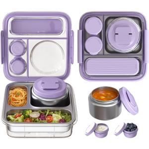 Stainless Steel Bento Lunch Box for Kids Adults with 8oz Insulated Food Jar,Ice Pack,Leak-proof,Dishwasher-Safe,Transparent Lid with Sauce Cup and Cutlery Storage for School & Travel,BPA-Free(Purple)