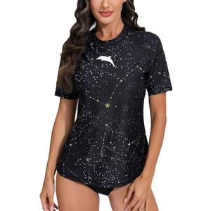 Halcurt Women's Short Sleeve Rash Guard Swimsuit Top with Built in Bra Swim Shirt UPF50+ Quick Dry Bathing Suit Black Galaxy Stars XL Halcurt Women's Short Sleeve Rash Guard Swimsuit Top with Built in Bra Swim Shirt UPF50+ Quick Dry Bathing Suit Black Galaxy Stars XL