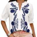 BTFBM Women's 2026 Spring Tops Casual Floral Boho V Neck Puff Short Sleeve Button Down Shirts Embroidered Blouses Tunic (White, S)