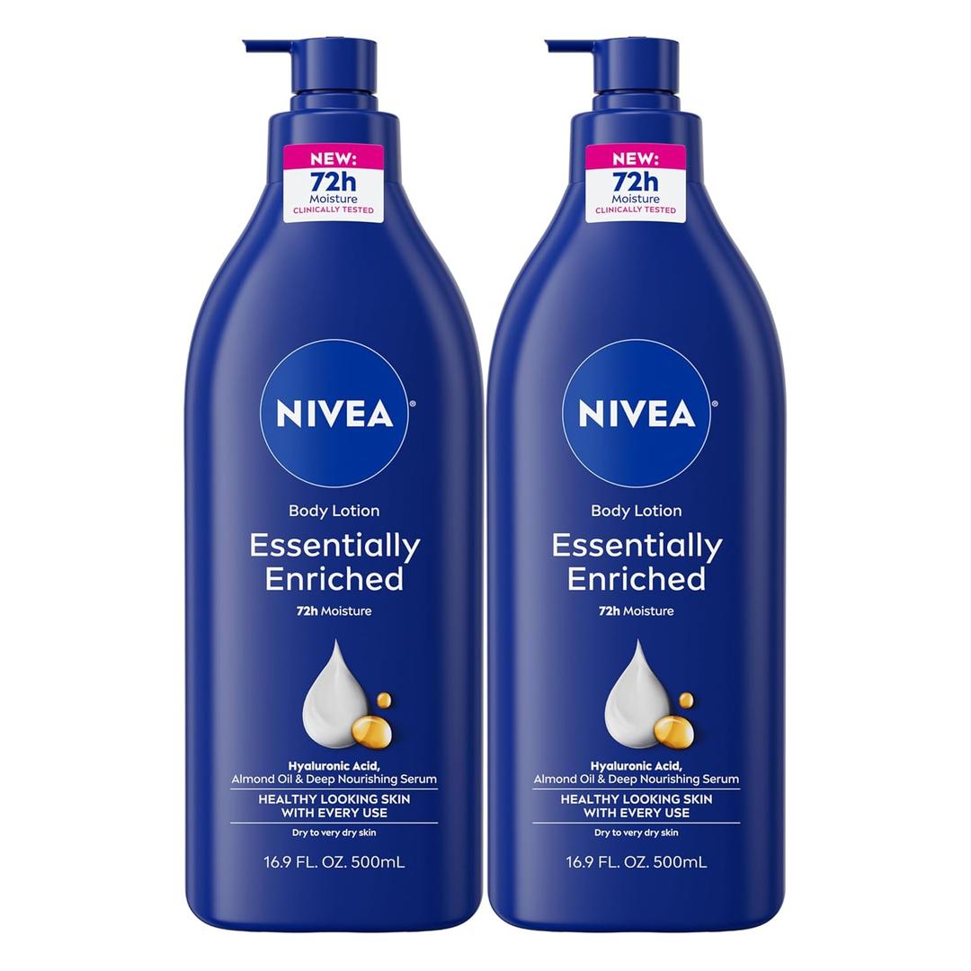 NIVEA Essentially Enriched Body Lotion for Very Dry Skin with Hyaluronic Acid, Mothers Day Gifts, 16.9 Fl Oz Pump Bottle, Pack of 2